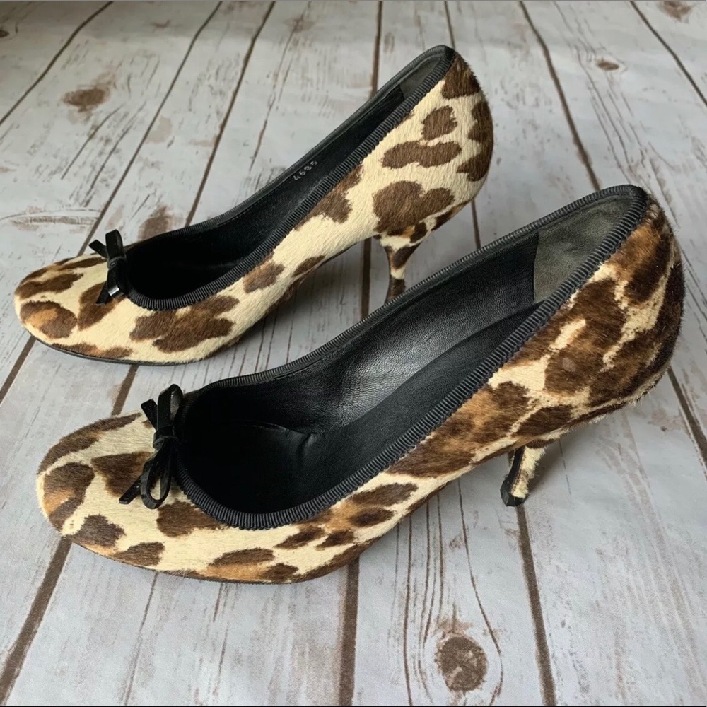 PRADA Leopard Pony Pumps Patent Bow 38 AUTHENTIC